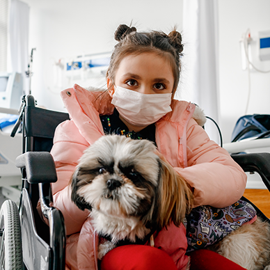 pet therapy, young girl in a wheel chair holding a dog